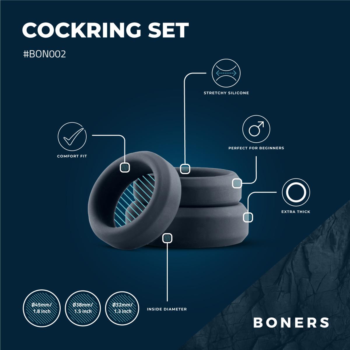 Boners 3-Piece Cock Ring Set - Grey thick