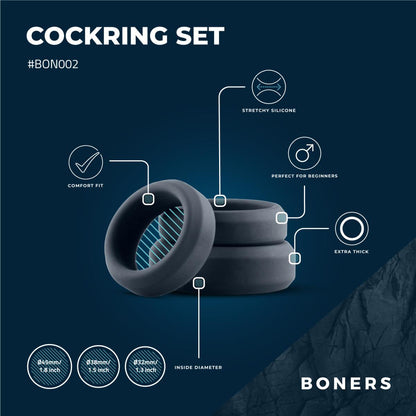 Boners 3-Piece Cock Ring Set - Grey thick